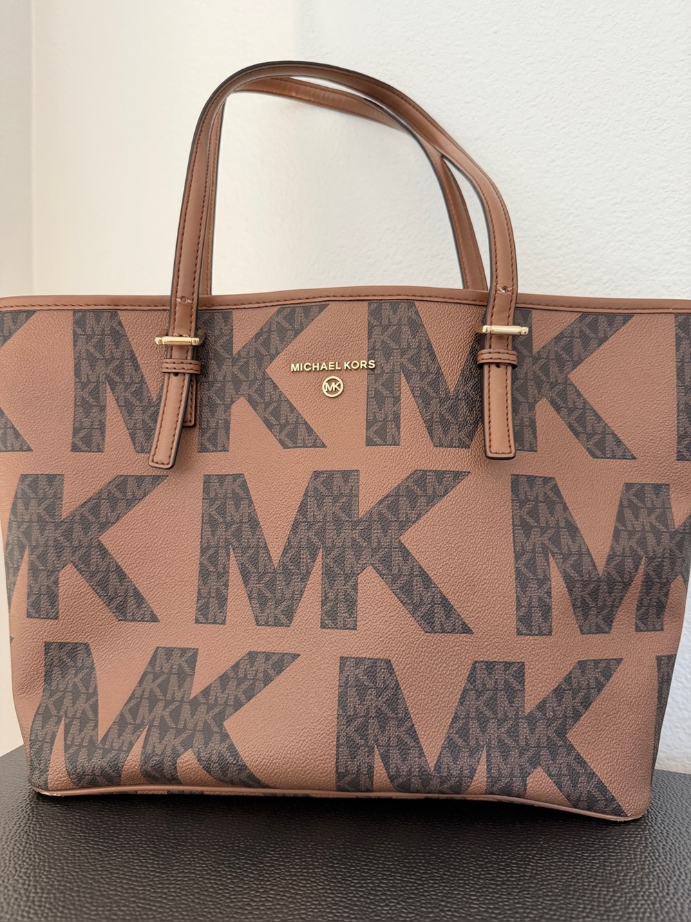 Michael Kors Large Reversible Tote Brown MK Logo Print Leather Gold Hardwar